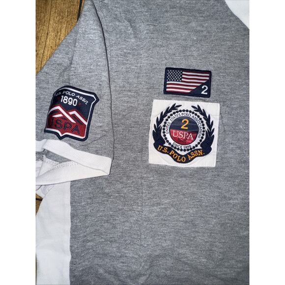 USPA Polo Assn Grey Embroidered Patch Polo Shirt Men’s Large 22x26 Preppy Casual - Picture 3 of 4